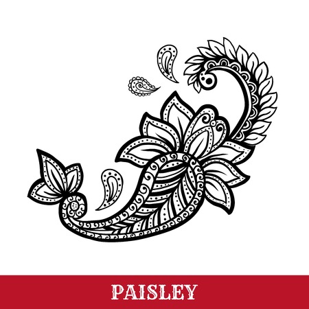 Paisley motif hand drawn isolated vector tattoo illustration. Buta ink pen isolated clipart. Persian ornate sketch. Monochrome boteh curl. Greeting card, textile ornamental design elementのイラスト素材