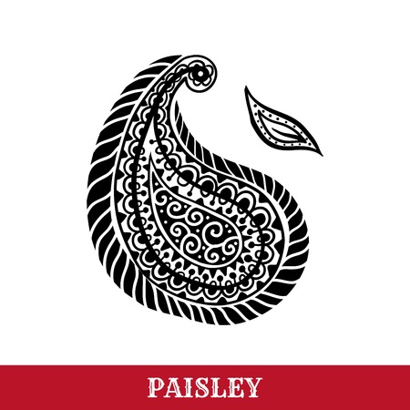 Paisley motif hand drawn isolated vector tattoo illustration. Buta ink pen isolated clipart. Persian ornate sketch. Monochrome boteh curl. Greeting card, textile ornamental design elementのイラスト素材
