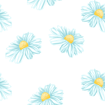 Daisy or Chamomile Tea Herb Flower Seamless Pattern. Herbal Therapy Wallpaper. Botany Plant, Matricaria Loose Herbs. Floral Blossom for Agriculture Packaging or Wrapping Paper Design.のイラスト素材