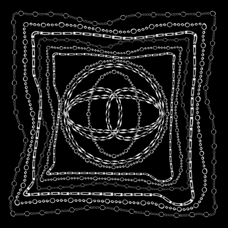 Chains Bandanna Square Silk Scarf Template with vector pattern for textile or fabric. Sliver Chain on Blackのイラスト素材