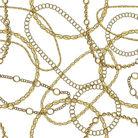 Golden chains hand drawn seamless pattern. Precious jewellery on white background. Realistic bracelets and necklaces backdrop. Fashionable accessory chaotic texture. Decorative wrapping paper designのイラスト素材