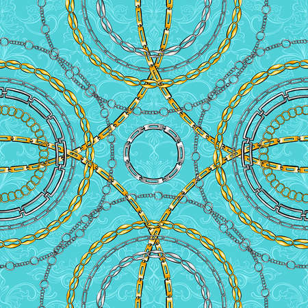 Damask seamless vector pattern with chains. Abstract ornate glamour turquoise blue texture. Golden and silver jewellery rings on blue background. Wallpaper, wrapping paperのイラスト素材