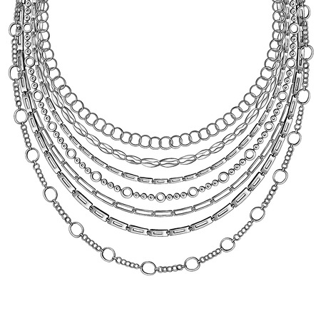 Black Outline Chain Neck Lace. Vector isolated on White Background with Chains Necklace. Coloring Book or Coloring Page Antistress Design. Trendy Accessory Illustrationのイラスト素材