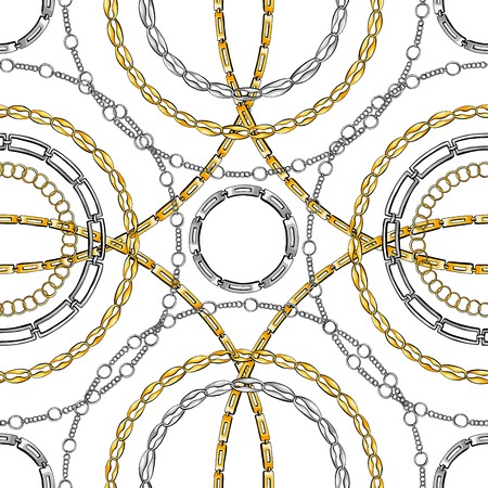 Chain rings hand drawn vector seamless pattern. Glamour ornate texture. Golden and silver chainlet on white background. Precious bijouterie ornament. Wallpaper, wrapping paper designのイラスト素材