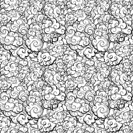 Chinese clouds hand drawn vector seamless pattern. Japanese, oriental style textile ornament. Outline swirls, curls background. Asian traditional holidays postcard backdrop, wrapping paperのイラスト素材