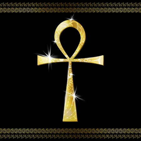 Ankh Symbol. Gold vector Egyptian Cross with ornament and lighting flare. Vector Illustration.のイラスト素材
