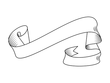 Hand drawn detailed vector scroll ribbon in outline or contour drawing. Single isolated vector illustration of one retro short ribbon in vintage style, thin lineのイラスト素材