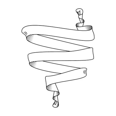 Hand drawn detailed vector scroll ribbon in outline or contour drawing. Single isolated vector illustration of one retro short ribbon for three words, thin lineのイラスト素材