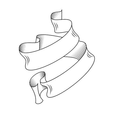 Hand drawn detailed vector scroll ribbon in outline or contour drawing. Single isolated vector illustration of one retro short ribbon in vintage style, thin lineのイラスト素材