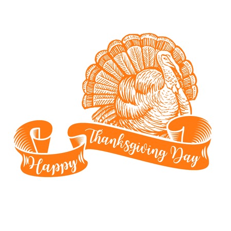 Happy Thanksgiving Turkey. Celebrate ribbon with Turkey sketch, handdrawn sign isolated on white for Thanksgiving holiday design.のイラスト素材