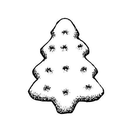 Gingerbread Sketch Icon. Holiday Cookie In Christmas Tree Shape Isolated On White Background. Vintage Vector Illustration Of Hand Drawn Homemade Ginger Bread Cake.のイラスト素材