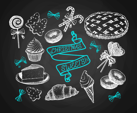 Sweets Set Sketch On Black Chalkboard Background. Set Of Hand Drawn Holiday Cakes, Pies, Biscuits, Ice Cream And Cookies Vector Illustration. Confectionery Products In Retro Style On Chalkboardのイラスト素材