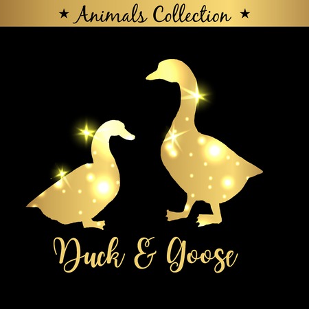 Isolated vintage golden and royal emblem of farm Goose and Duck animals. Fresh and tasty dietary meat. Butchery products market. Golden silhouette with lights and lettering. Concept for brandingのイラスト素材