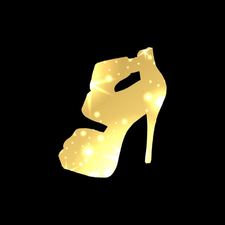 Golden Shoes Symbol with silhouette and gold shining lights. Creative Trendy Modern Fashion Shop Logo Template. Symbol Illustration on Black Backgroundのイラスト素材