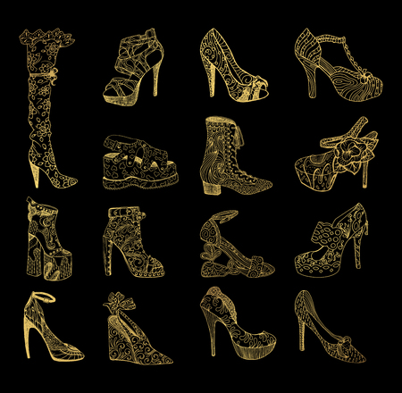 Set of isolated sketches of golden woman shoes. Hand drawn peep toe and stiletto, thigh high or knee boots and lita. Footwear and lady clothing, girl or female trendy boots with platform, vogue themeのイラスト素材