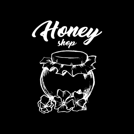 Honey Bee, Chalkboard Sketch Logo Design with Honeycomb Pattern. Vintage hand drawn isolated illustration with handcrafted white lettering.のイラスト素材