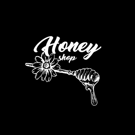 Honey Bee, Chalkboard Sketch Logo Design with Honeycomb Pattern. Vintage hand drawn isolated illustration with handcrafted white lettering.のイラスト素材