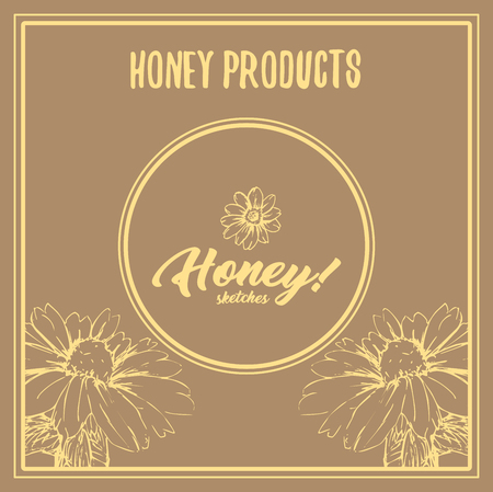 Honey Bee Poster Design with Sketch Circle Logo and Honeycomb Elements. Yellow Vintage Hand Drawn Illustration. Handcrafted Lettering.のイラスト素材