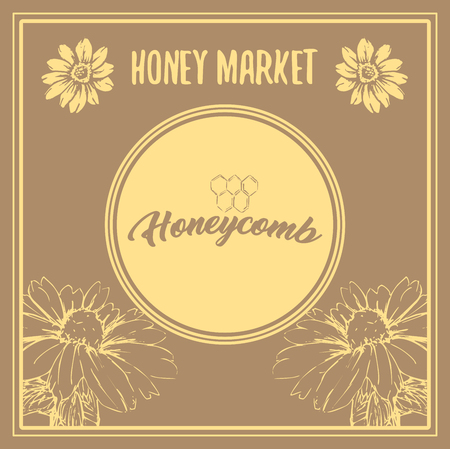 Honey Bee Poster Design with Sketch Circle Logo and Honeycomb Elements. Yellow Vintage Hand Drawn Illustration. Handcrafted Lettering.のイラスト素材
