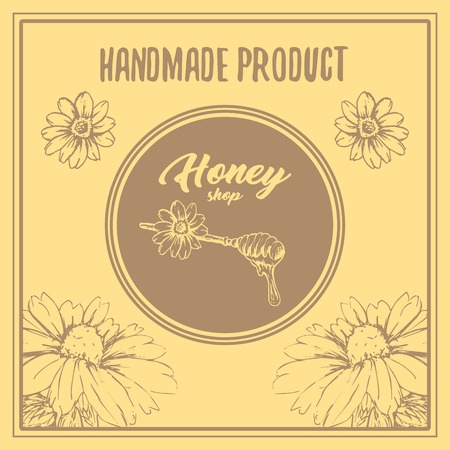 Honey Bee Poster Design with Sketch Circle Logo and Honeycomb Elements. Yellow Vintage Hand Drawn Illustration. Handcrafted Lettering.のイラスト素材