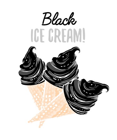 Three Black Ice Cream Grunge Textured Dessert with Beige Waffle Cone for Poster Design. Isolated Vector Illustrationのイラスト素材