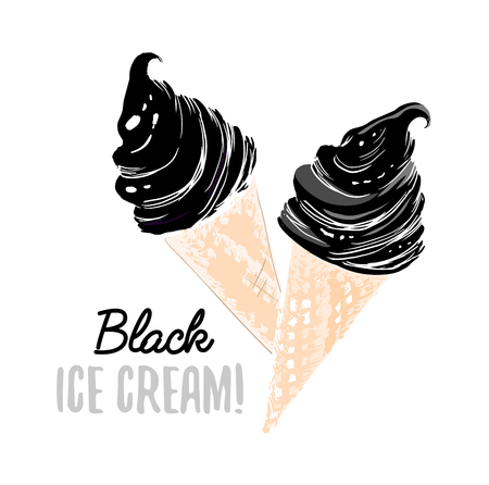 Two Black Ice Cream Grunge Textured Shop Stumps with Beige Waffle Cone for Poster Design. Isolated Vector Illustrationのイラスト素材