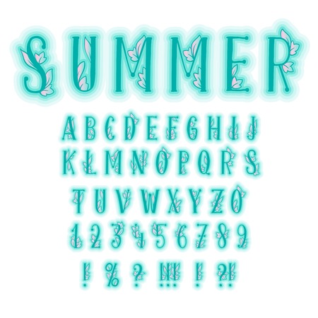Summer Alphabet or Bold Font with Decorative Leaves. Typeset of Isolated Letters. Typography abc Characters, Numbers and Symbols for Party Design. Uppercase or Capital. Handcrafted Calligraphyのイラスト素材