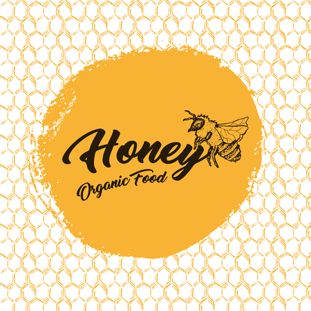 Honey Bee, Sketch Logo Design with Honeycomb Pattern. Vintage hand drawn isolated illustration with handcrafted lettering.のイラスト素材