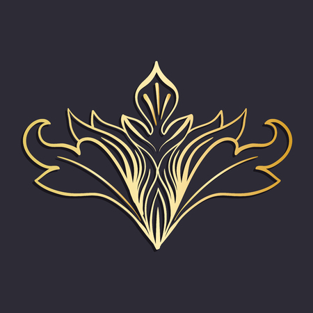 Gold Isolated plant with leaves decorations. Italian flourish baroque ornate for wedding or christmas, certificate. Yellow floral crown or golden wreath. Luxury and victorian, royal and headpieceのイラスト素材