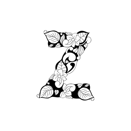 Floral letter outline illustration. Alphabet symbol for coloring book or laser cutting. Leaves, flowers, petals doodle drawing. Monochrome linear blossom. Monogram with black and white batik textureのイラスト素材
