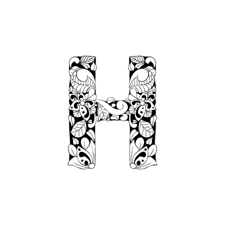 Floral letter outline illustration. Alphabet symbol for coloring book or laser cutting. Leaves, flowers, petals doodle drawing. Monochrome linear blossom. Monogram with black and white batik textureのイラスト素材