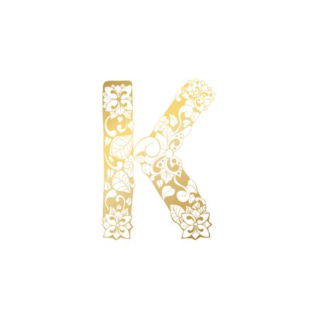 Golden Floral Ornamental Alphabet, Initial Letter K Font. Vector Typography Symbol for Gold Wedding and Monograms Isolated Ornament Designのイラスト素材