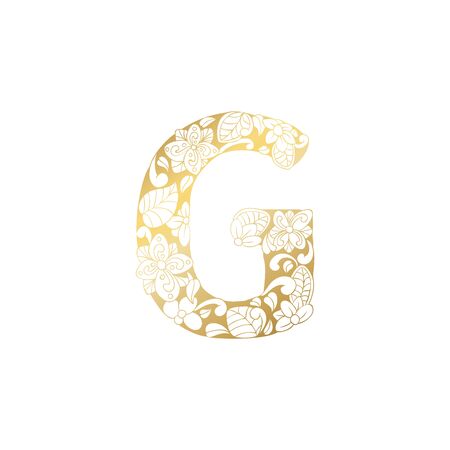 Golden Floral Ornamental Alphabet, Initial Letter G Font. Vector Typography Symbol for Gold Wedding and Monograms Isolated Ornament Designのイラスト素材