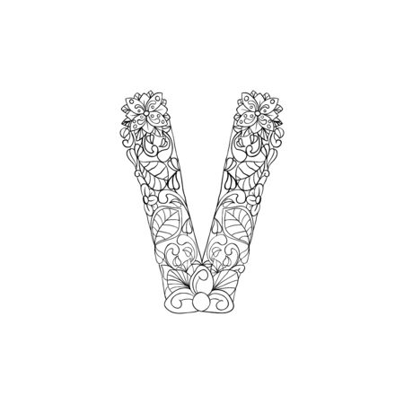 Coloring Book Floral Ornamental Alphabet, Initial Letter V Font. Vector Typography Symbol. Antistress Page for Adults and Monograms.Isolated Poster or Cover Designのイラスト素材