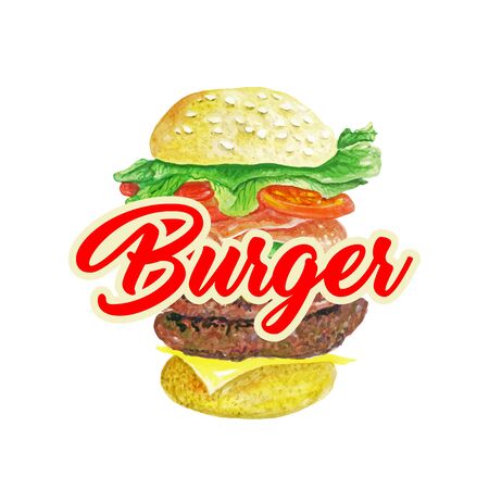 Burger Classic Isolated Vector. Hamburger or American Cheeseburger with Lettuce Tomato Cheese And Beef Raster Illustration with Lettering. Fast Food Meal Concept. Amazing Sandwich King Size.のイラスト素材