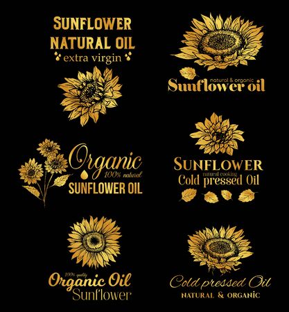 Golden Sunflower Oil Set, Technology Wildflower Templates for Branding Identity. Gold Vector Isolated Flowers Hand Drawings with Letteringのイラスト素材