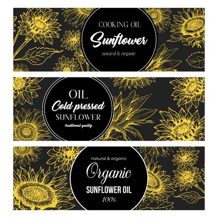 Sunflower Oil Print Template. Yellow and Orange Banners for Thanksgiving Holiday or Packaging Brand Identity. Vector Illustrationのイラスト素材