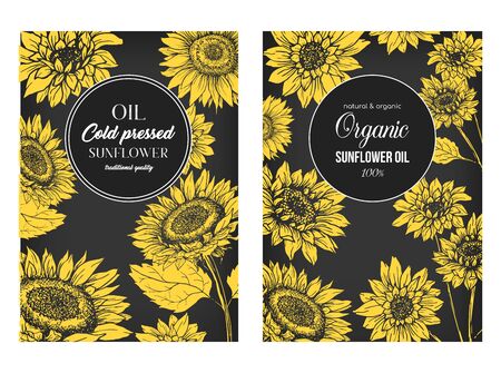 Sunflower Oil Print Template. Yellow and Orange Banners for Thanksgiving Holiday or Packaging Brand Identity. Vector Illustrationのイラスト素材