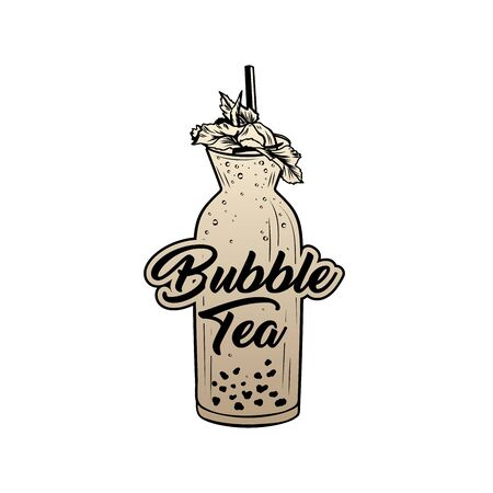 Bubble tea golden sticker with lettering, vector illustration.のイラスト素材