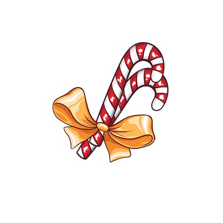Christmas or New Year stripped candy canes with golden bow isolated vector illustration. Freehand gold decor for winter holidaysのイラスト素材