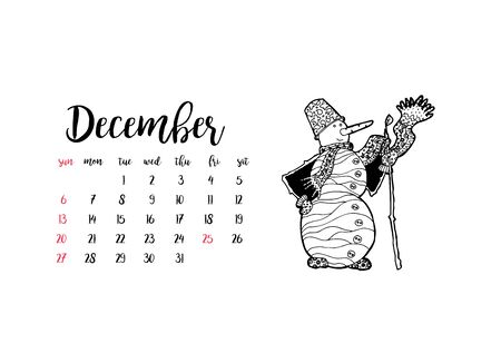 Monthly desk calendar horizontal template 2020 for month December. Week starts Sundayのイラスト素材