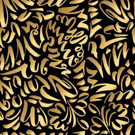 Golden Seamless Pattern with Slavonic Gold Calligraphy Brush Strokes. Black and White Colors for Fabric Textile Surface Designのイラスト素材