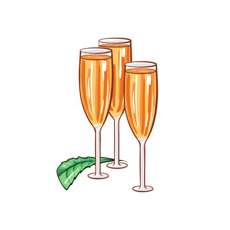 Christmas or New Year two wine glasses isolated vector illustration. Freehand alcoholic drink decor for winter holidays on white backgroundのイラスト素材