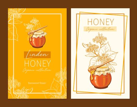 Linden Honey Print Template. Yellow and Orange Banners for Thanksgiving Holiday or Packaging Brand Identity.のイラスト素材