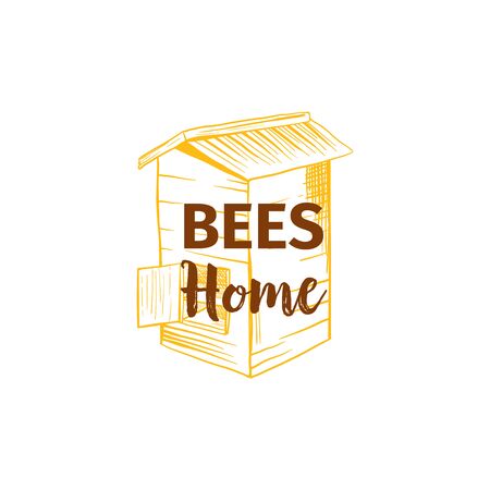 Honey Sketches Bee Hive, Honey Jar, Barrel, Pot, Spoon and Flower Hand Drawn Organic Products . Outline Isolated Vector Template for Brand Identity with Lettering.のイラスト素材