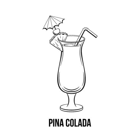 Pina colada glass black and white hand drawn illustration. Tropical alcoholic drink with umbrella, straw. Beach cocktail. Cocktail with pineapple slice ink drawing. Bar menu, poster design elementのイラスト素材