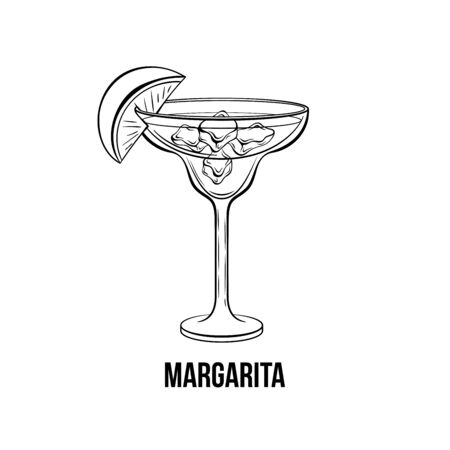 Margarita vector hand drawn illustration. Alcoholic citrus beverage. Strong drink. Monochrome cocktail with ice and lemon slice on glass ink drawing. Night club menu, poster design elementのイラスト素材