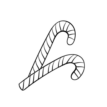 Caramel sticks hand drawn vector illustration. Delicious striped candy canes colouring picture. Traditional christmas confection monochrome outline drawing. Seasonal, festive confectionery productのイラスト素材