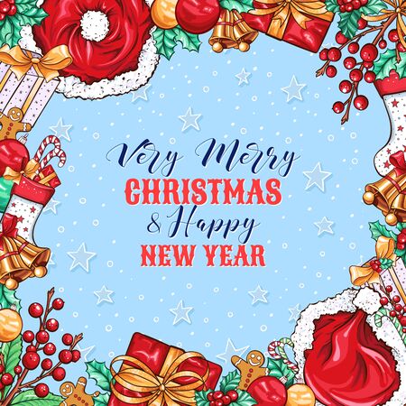 Merry Christmas social media banner vector template. Winter holiday square poster layout with Xmas tradition wish. New Year season symbols, holly branch with berries border on blue backgroundのイラスト素材