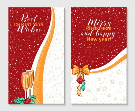 New Year greeting cards vector templates set. Winter season holidays postcards design with hand drawn champagne glasses and fir tree baubles illustration. Xmas celebration party invitation layoutsのイラスト素材